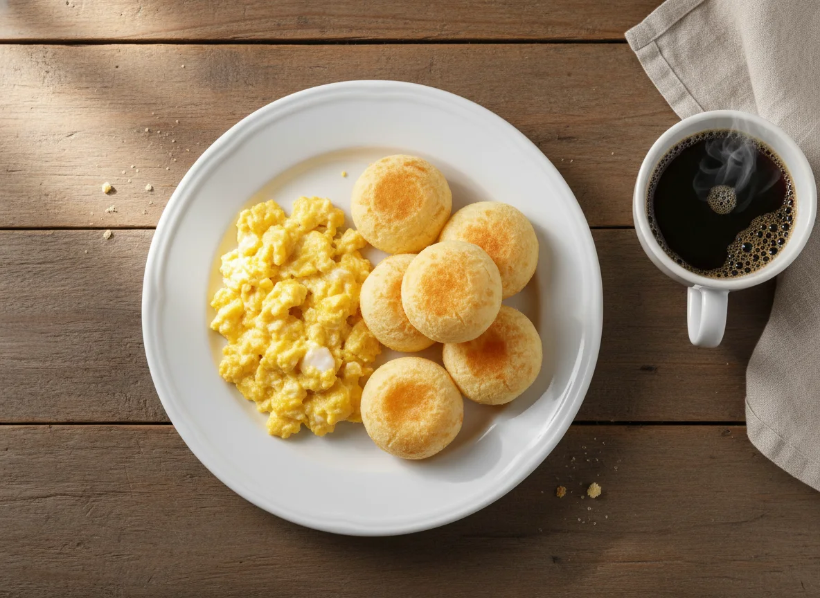 Café da manhã com ovos mexidos, pão de queijo e café photo