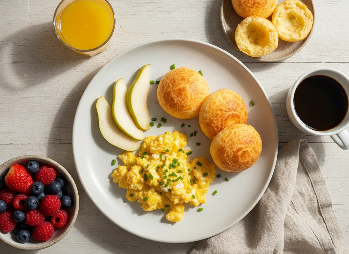 Café da manhã com ovos mexidos, pão de queijo e frutas photo