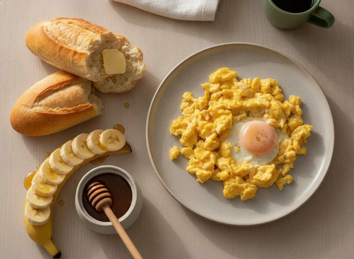 Café da manhã com ovos mexidos, pão e banana photo