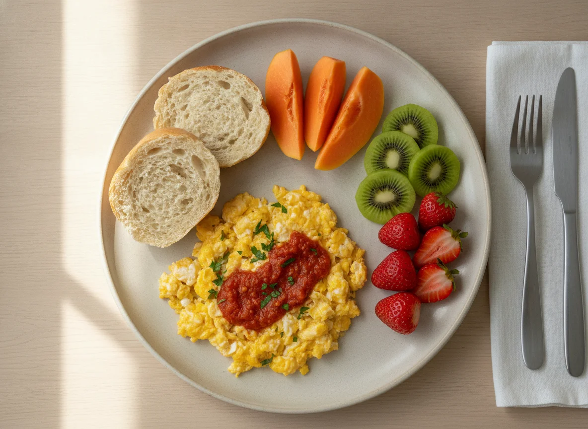 Café da manhã com ovos mexidos, pão e frutas photo