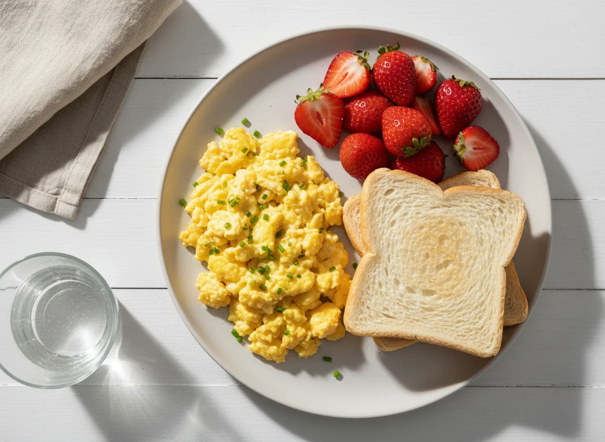 Café da manhã com ovos mexidos, pão e morangos photo