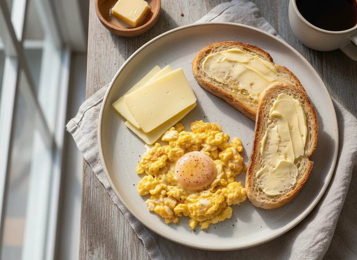 Café da manhã com ovos mexidos, pão e queijo photo