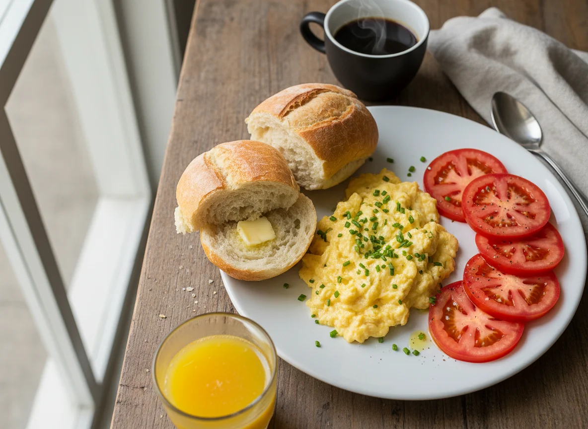 Café da manhã com ovos mexidos, pão e tomate photo