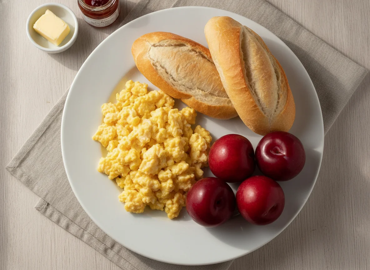 Café da manhã com ovos mexidos, pão francês e ameixa photo