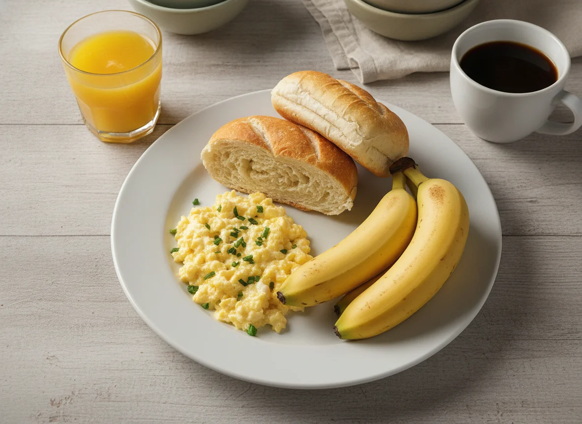Café da manhã com ovos mexidos, pão francês e banana photo
