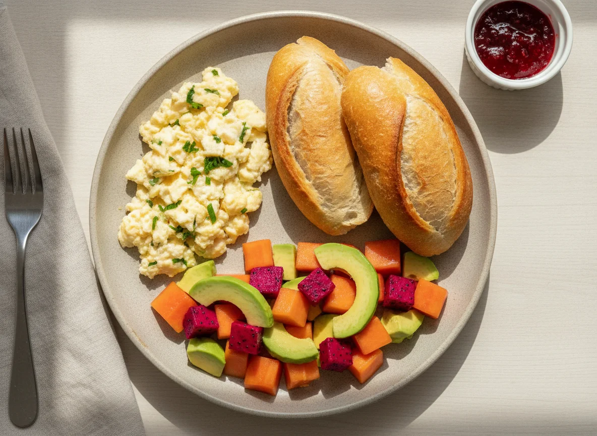 Café da manhã com ovos mexidos, pão francês e frutas photo