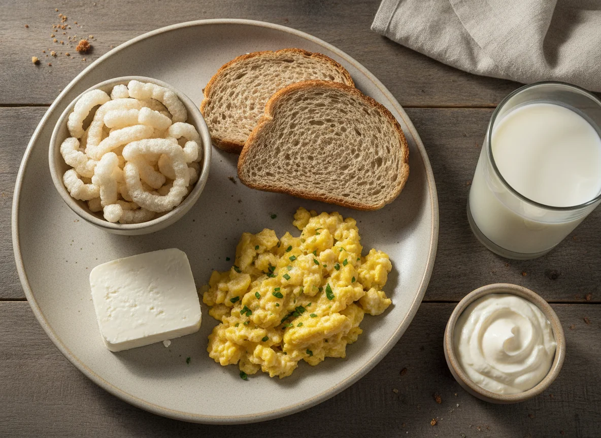Café da manhã com ovos mexidos, pão integral e acompanhamentos photo