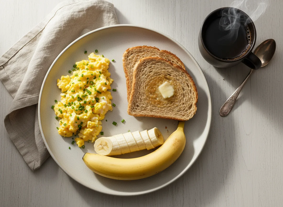Café da manhã com ovos mexidos, pão integral e banana photo