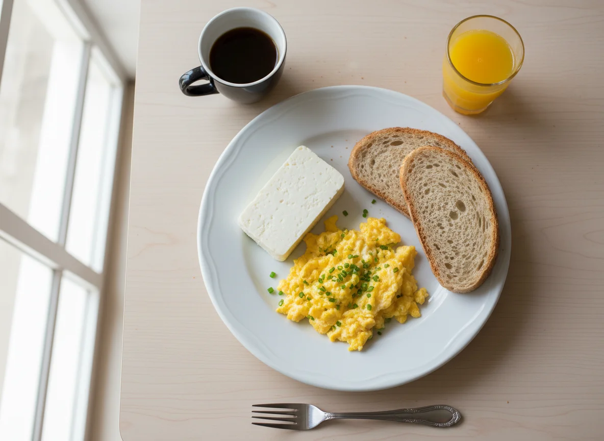 Café da manhã com ovos mexidos, pão integral e queijo photo