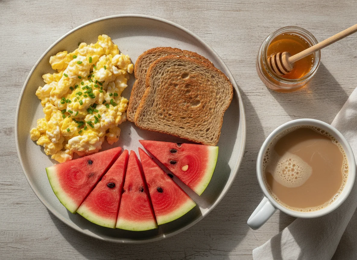Café da manhã com ovos mexidos, pão integral, melancia e café com leite photo