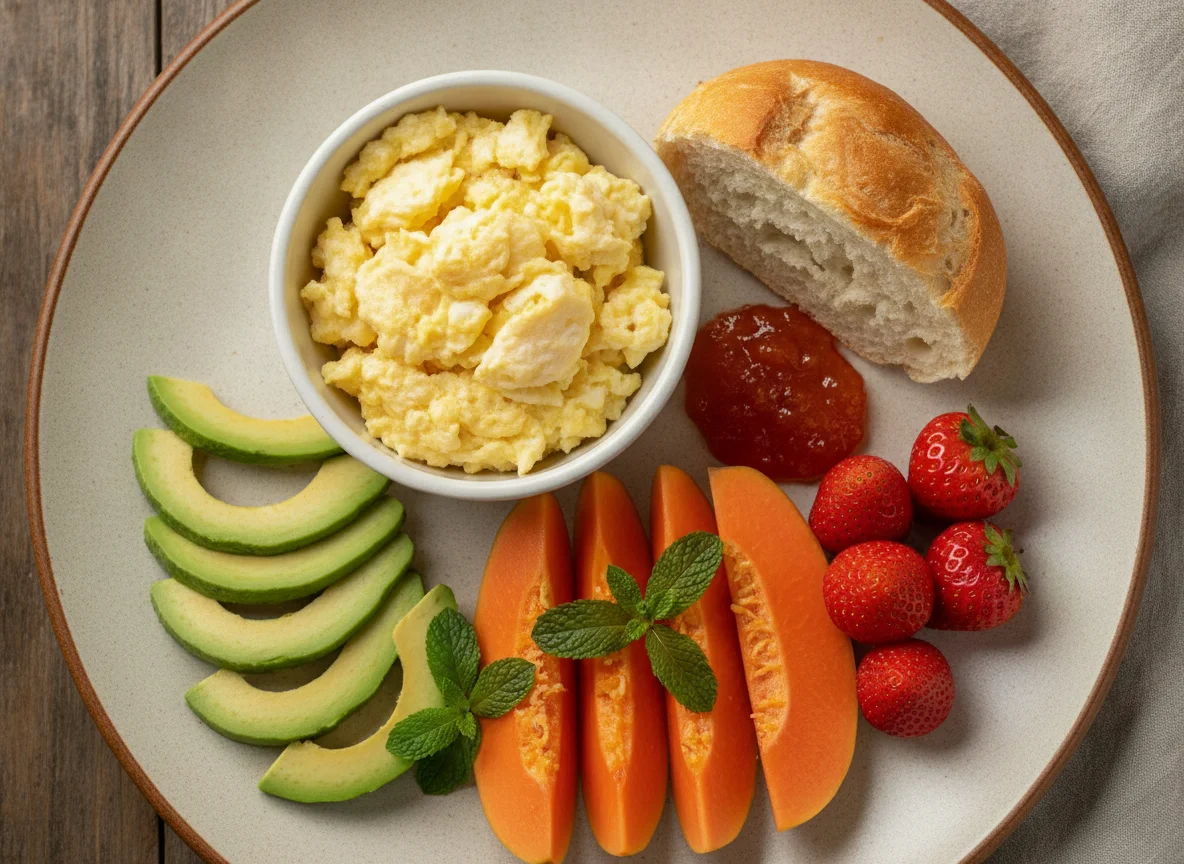 Café da manhã com ovos mexidos, pão, mamão, morangos e abacate photo