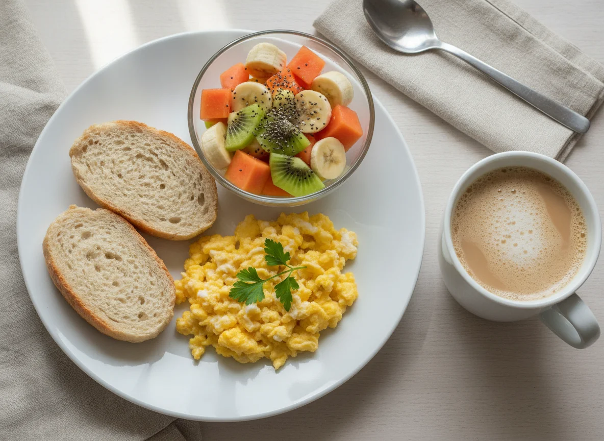 Café da manhã com ovos mexidos, pão, salada de frutas e café com leite photo