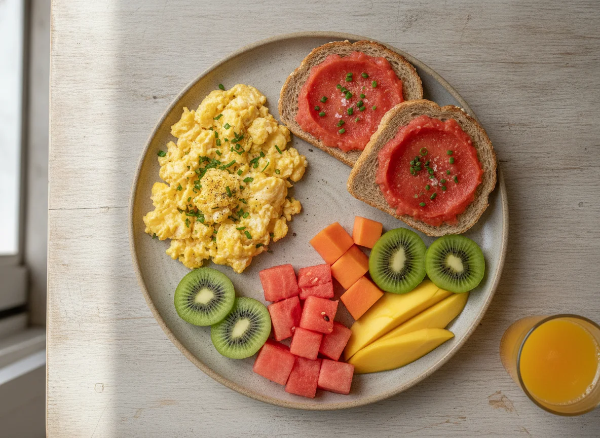 Café da manhã com ovos mexidos, pão, tomate e frutas photo