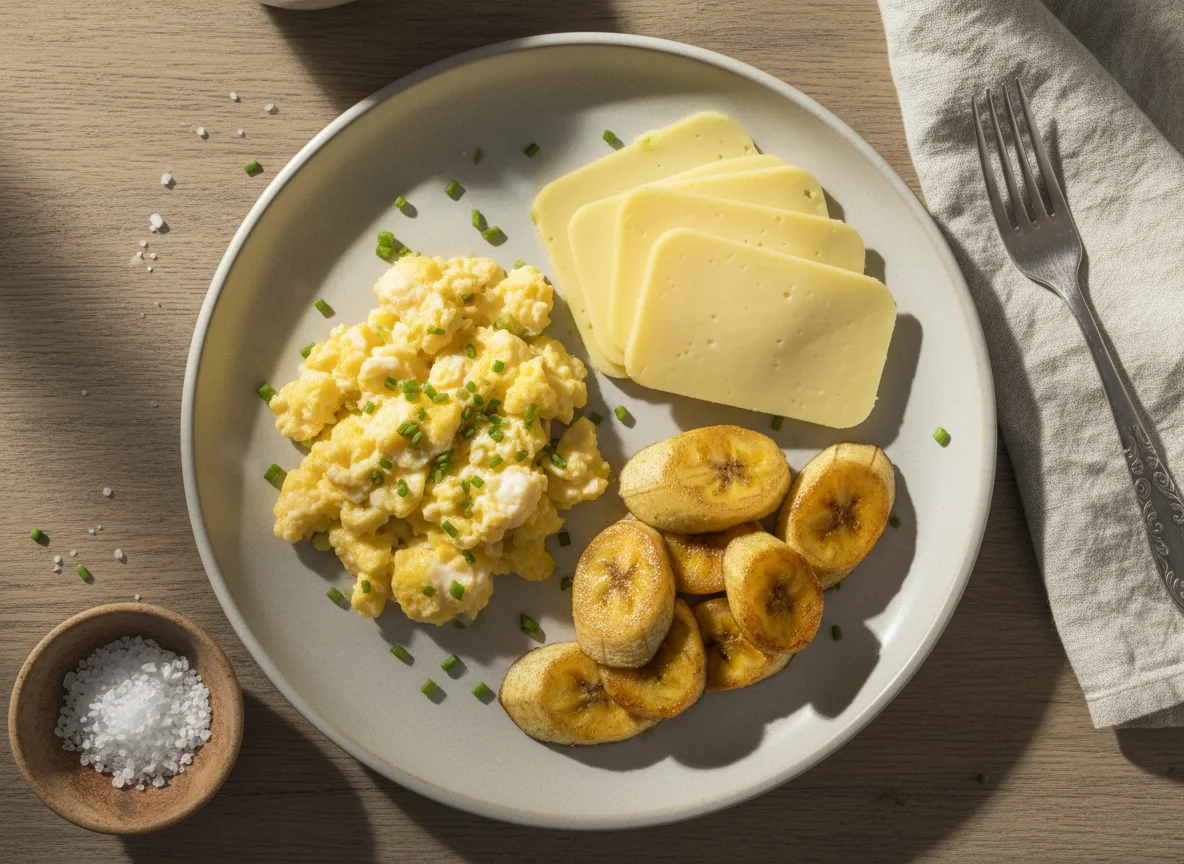 Café da manhã com ovos mexidos, queijo e banana da terra photo