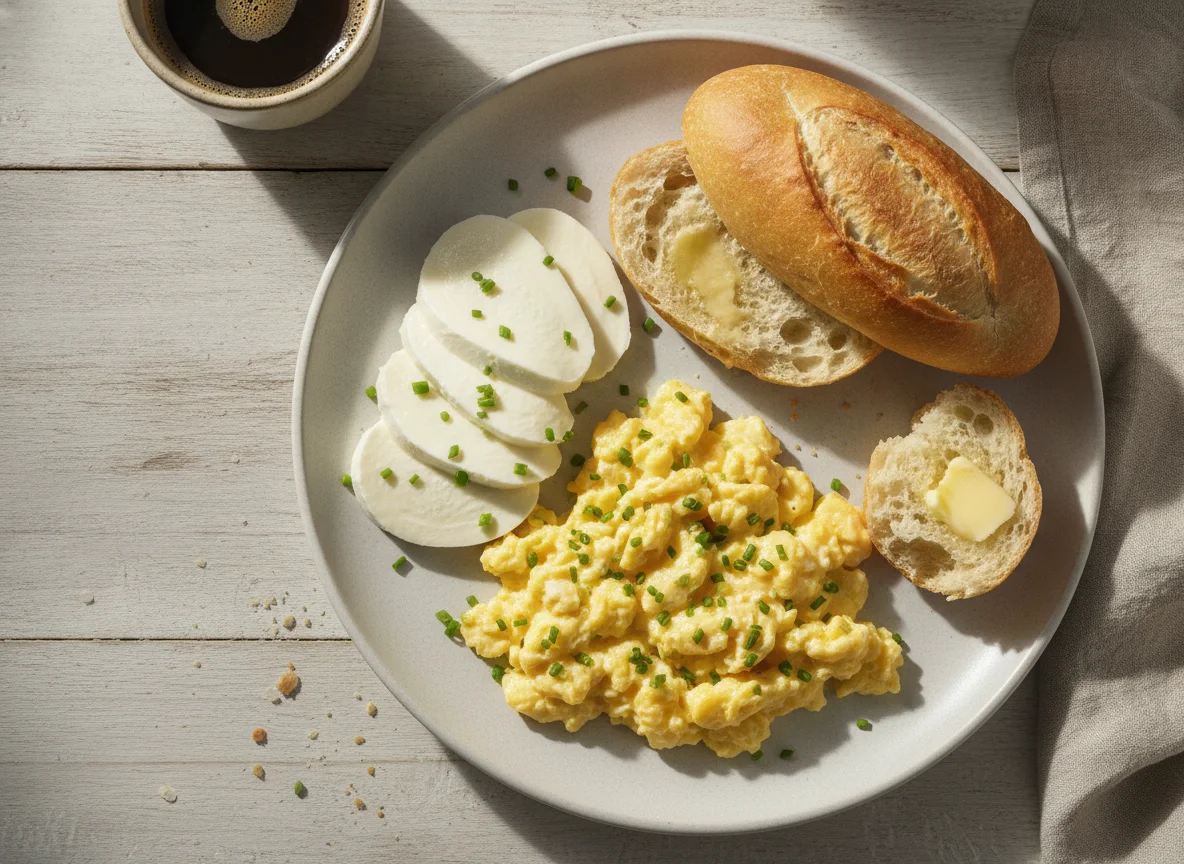 Café da manhã com ovos mexidos, queijo e pão photo