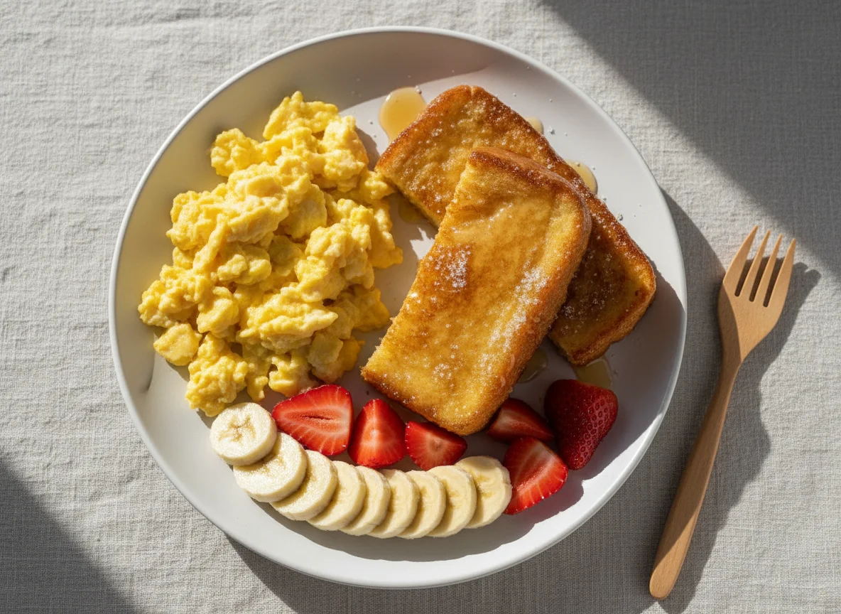 Café da manhã com ovos mexidos, rabanada e frutas photo