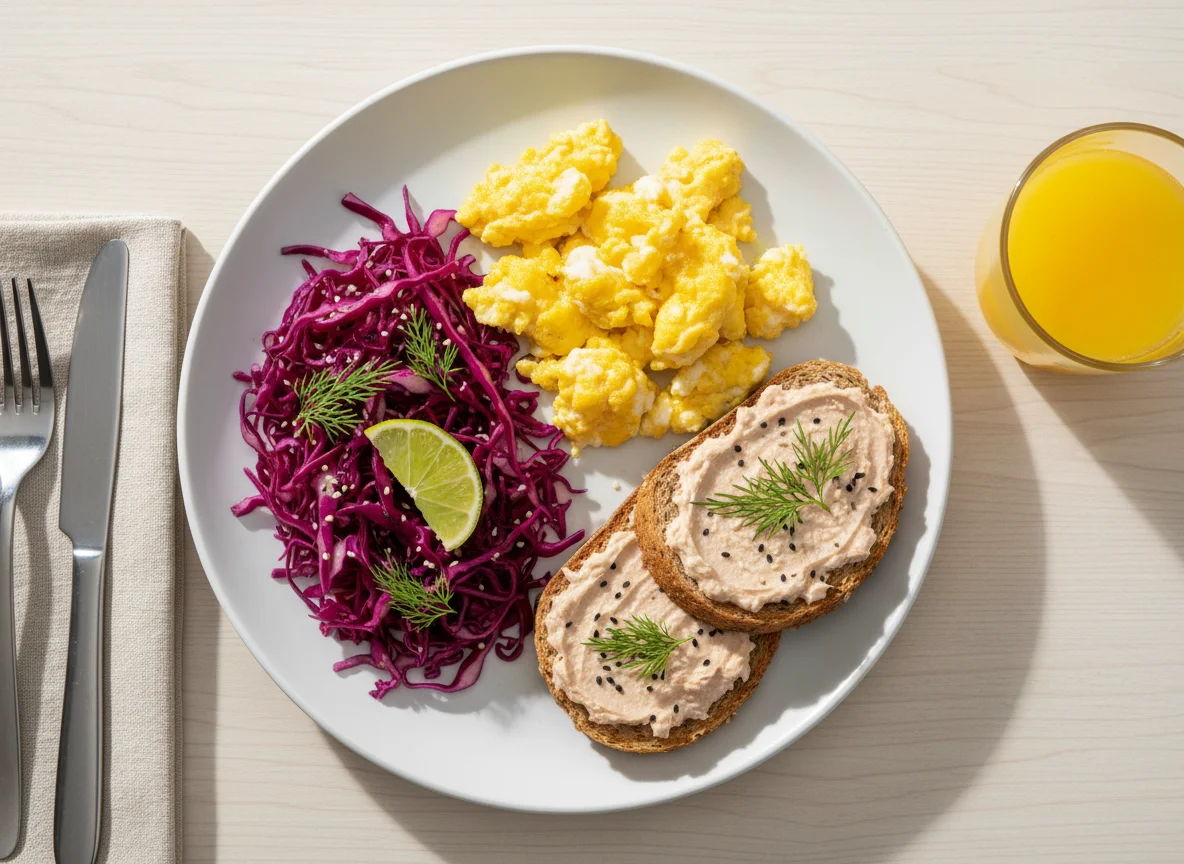 Café da manhã com ovos mexidos, repolho roxo e pão com pasta photo