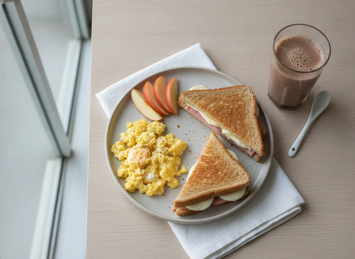 Café da manhã com ovos mexidos, sanduíche tostado, maçã e achocolatado photo