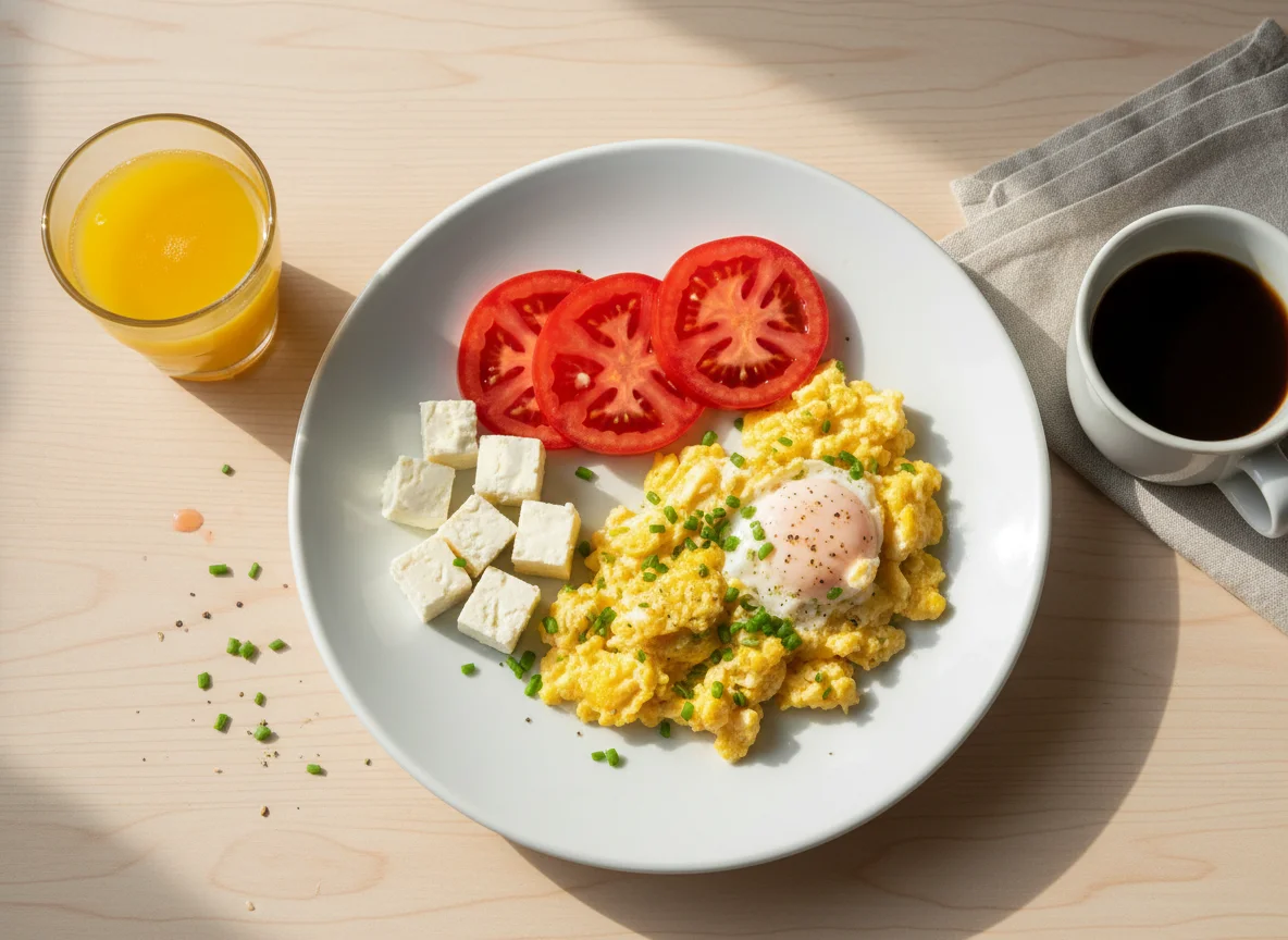 Café da manhã com ovos mexidos, tomate e queijo photo