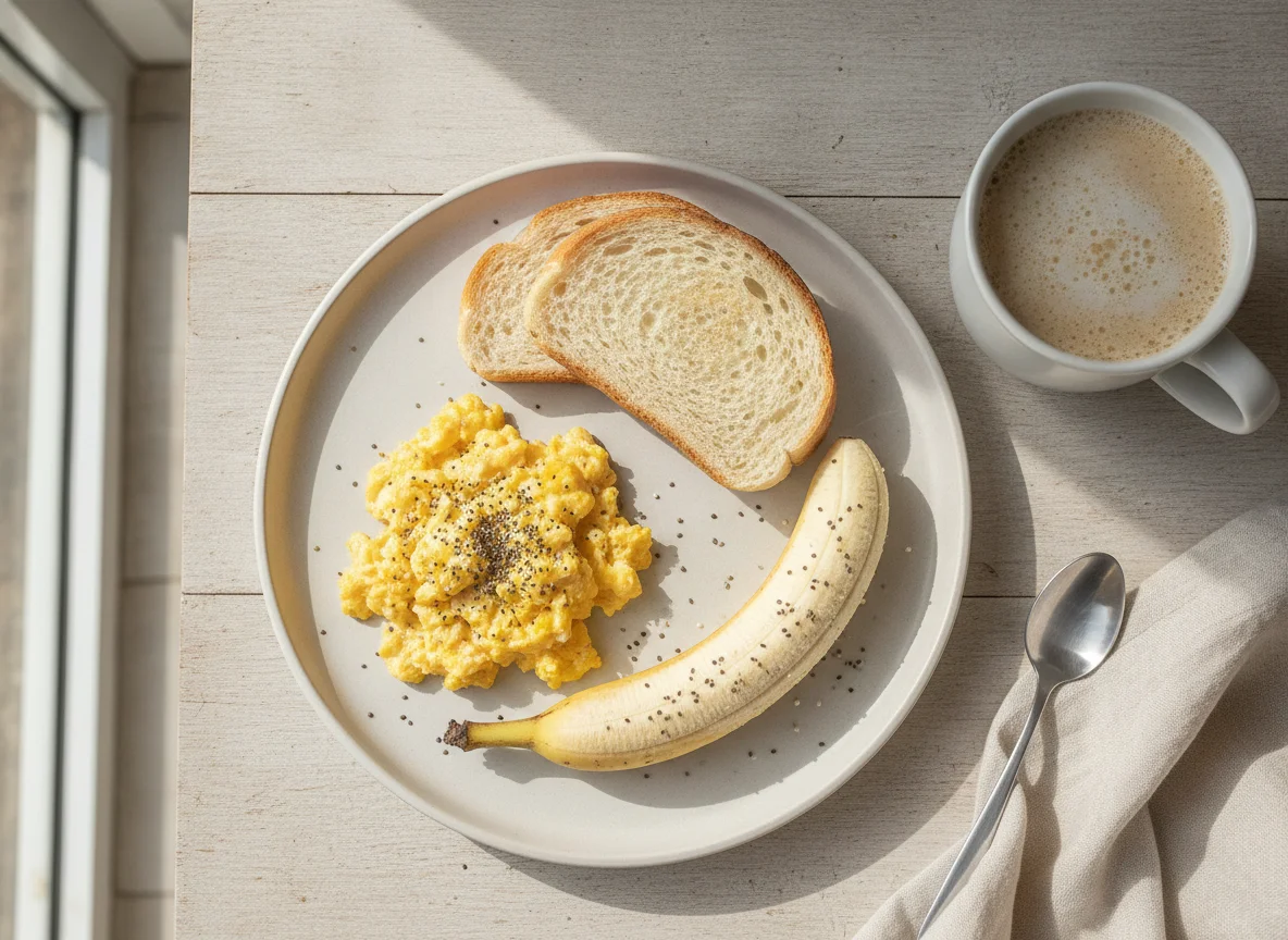 Café da manhã com ovos mexidos, torrada, banana e café com leite photo