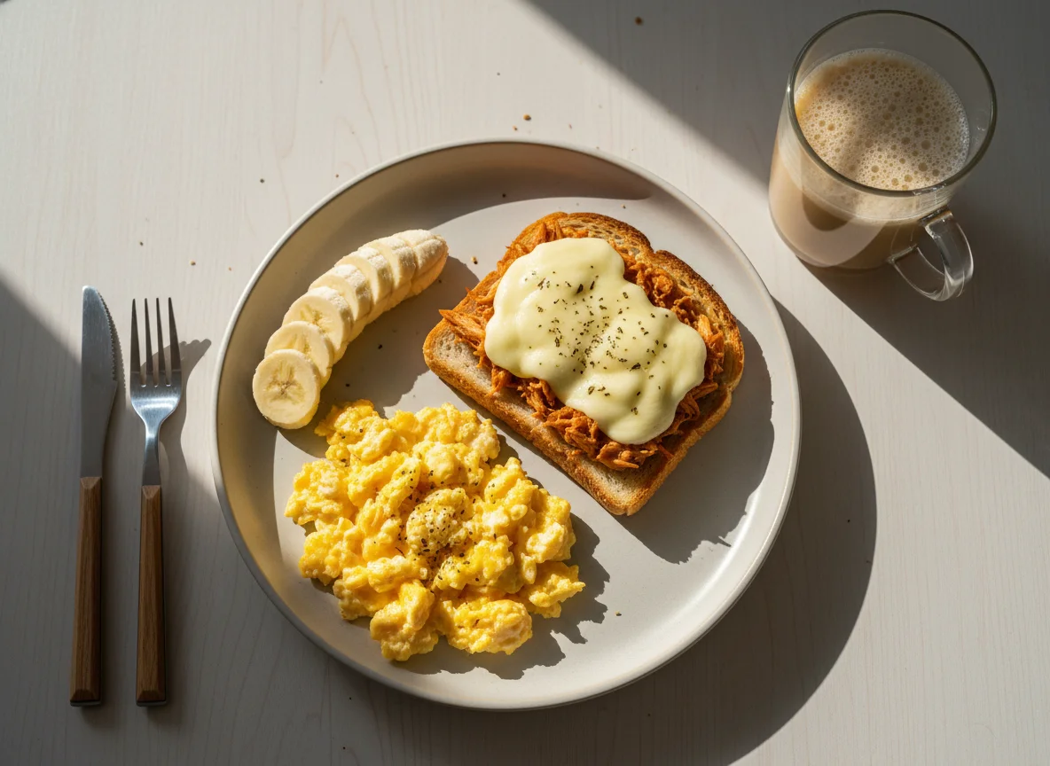 Café da manhã com ovos mexidos, torrada de frango e banana photo