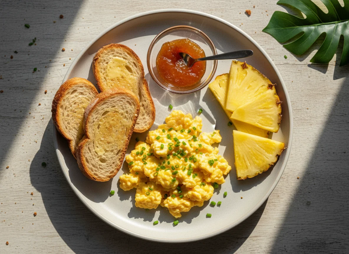Café da manhã com ovos mexidos, torrada e abacaxi photo