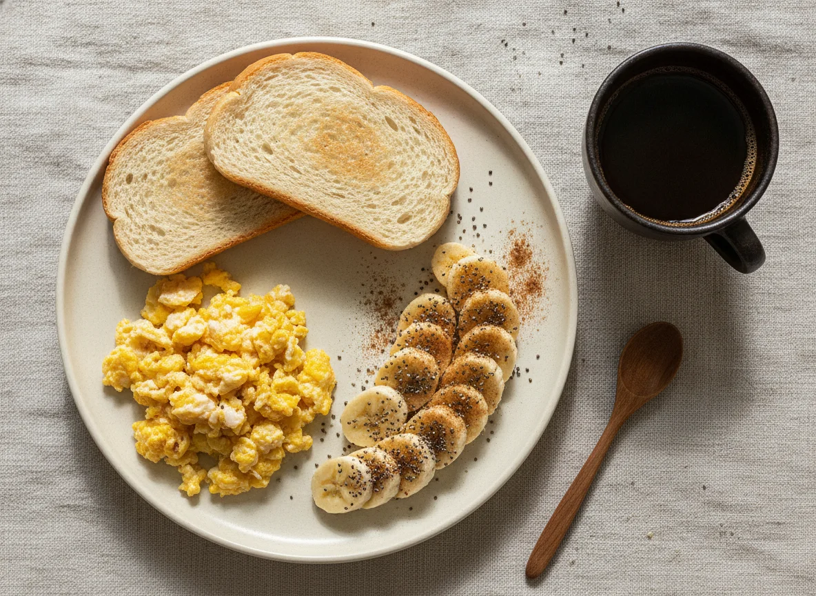 Café da manhã com ovos mexidos, torrada e banana com chia photo