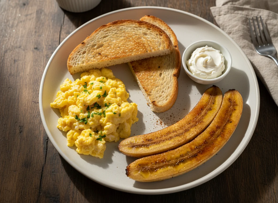 Café da manhã com ovos mexidos, torrada e banana grelhada photo