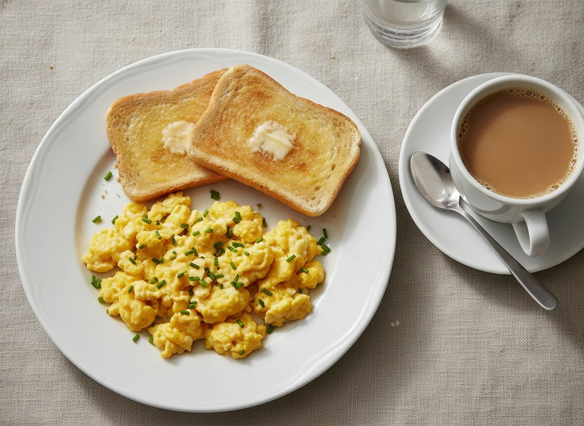 Café da manhã com ovos mexidos, torrada e café com leite photo