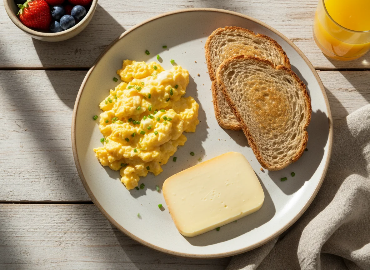 Café da manhã com ovos mexidos, torrada e queijo photo