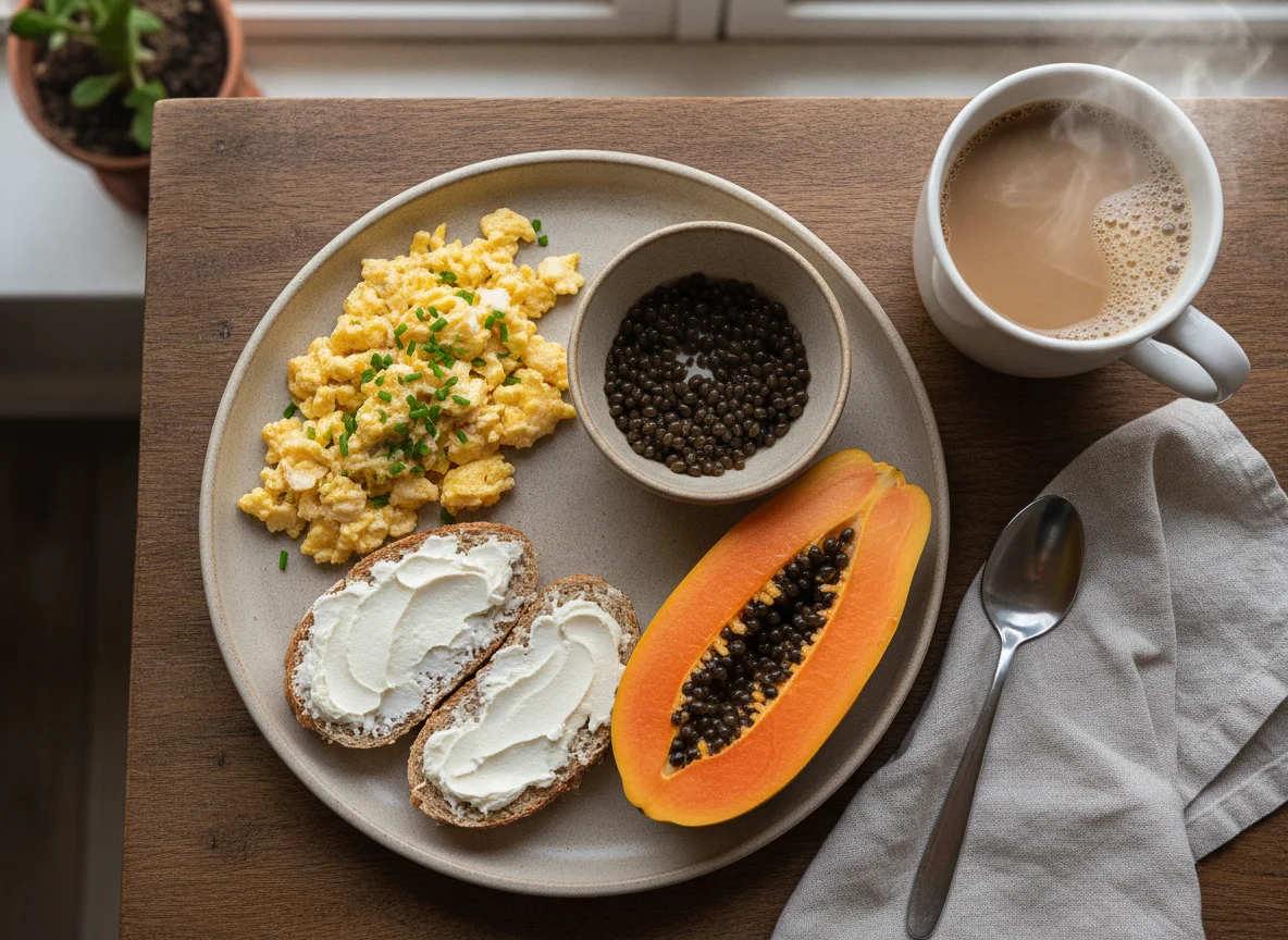 Café da manhã com ovos mexidos, torrada, mamão e café com leite photo