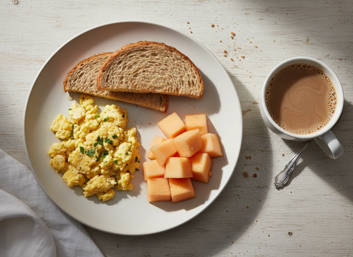 Café da manhã com ovos mexidos, torrada, melão e café com leite photo