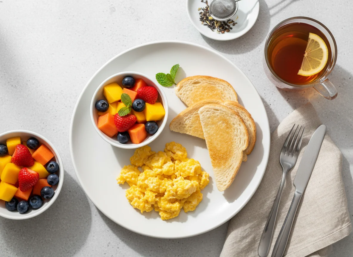 Café da manhã com ovos mexidos, torrada, salada de frutas e chá photo
