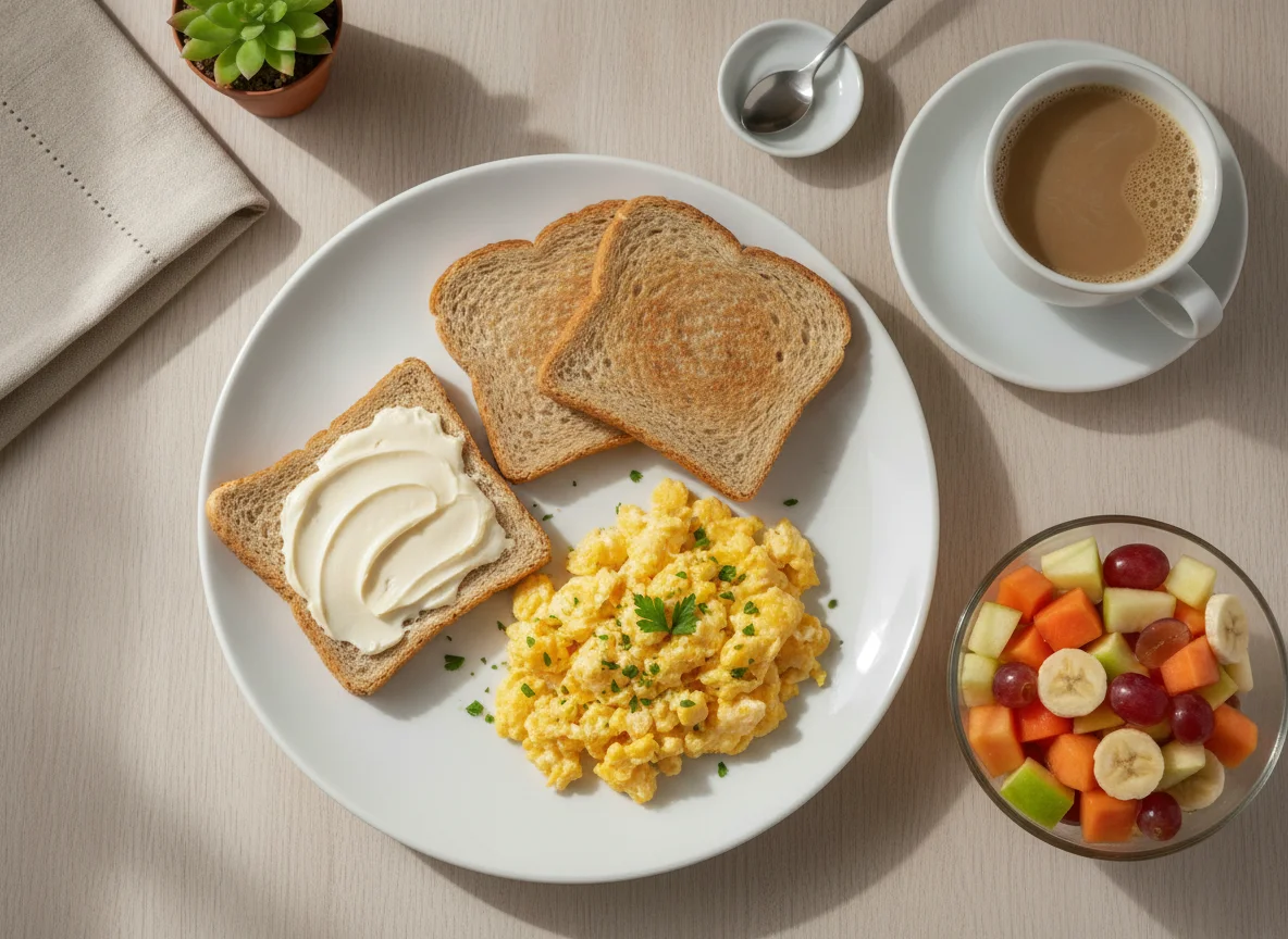 Café da manhã com ovos mexidos, torrada, salada de frutas e café com leite photo
