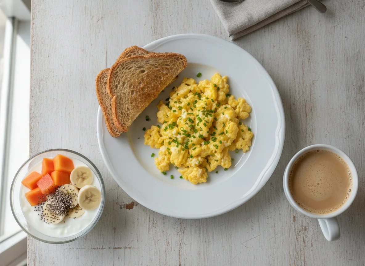 Café da manhã com ovos mexidos, torradas, iogurte com frutas e café com leite photo
