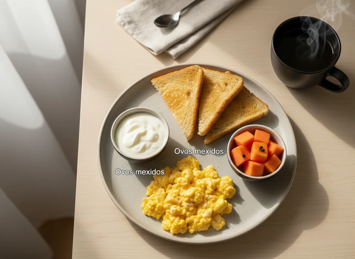 Café da manhã com ovos mexidos, torradas, mamão e iogurte photo