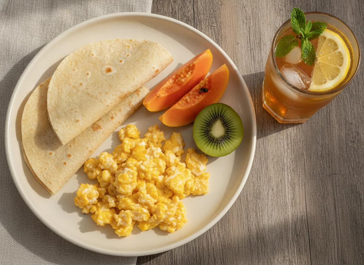 Café da manhã com ovos mexidos, tortilhas, frutas e chá gelado photo