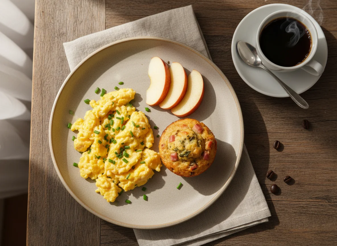 Café da manhã com ovos mexidos, tortinha salgada, maçã e café photo
