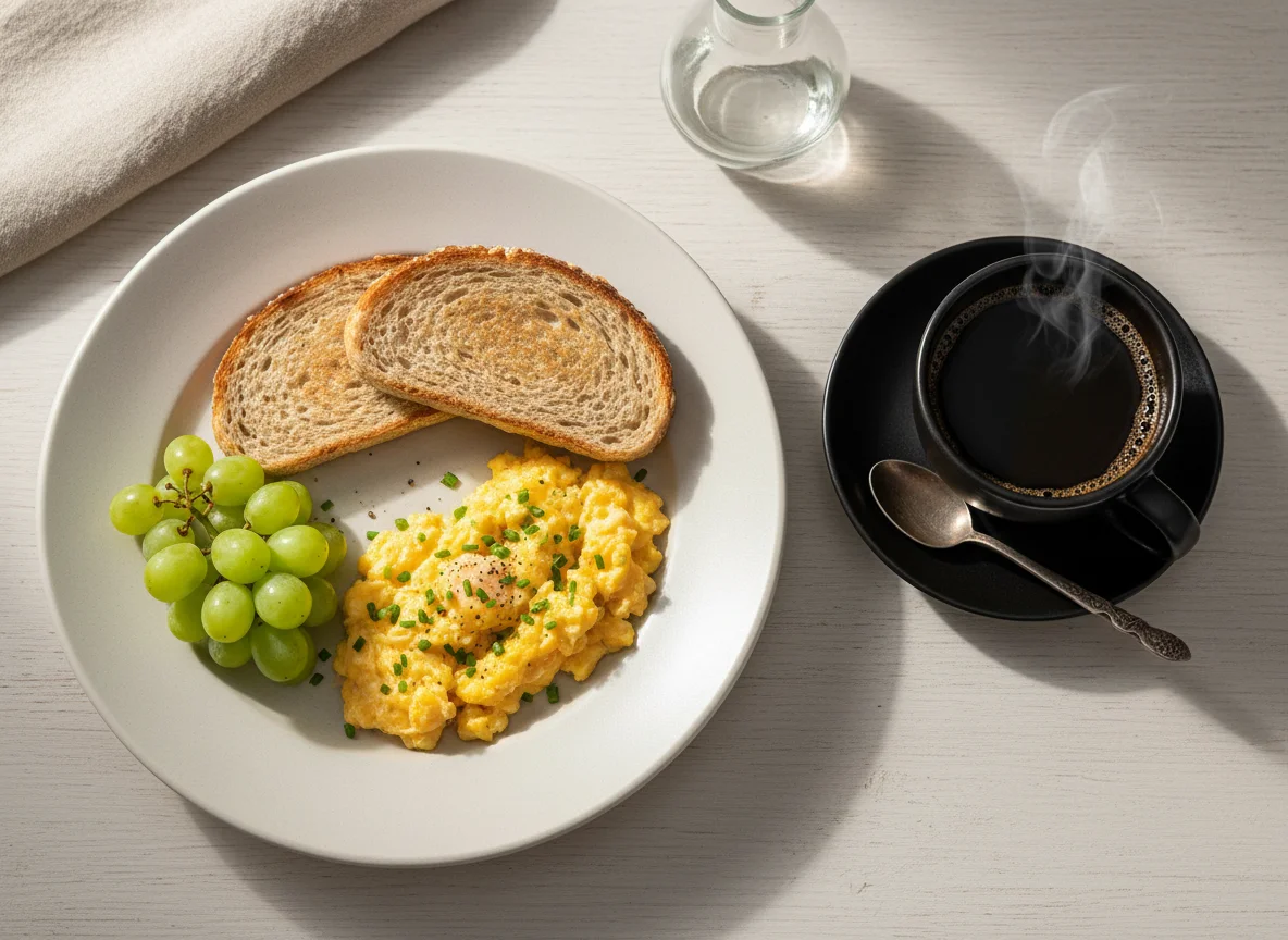Café da manhã com ovos mexidos, uvas e café photo