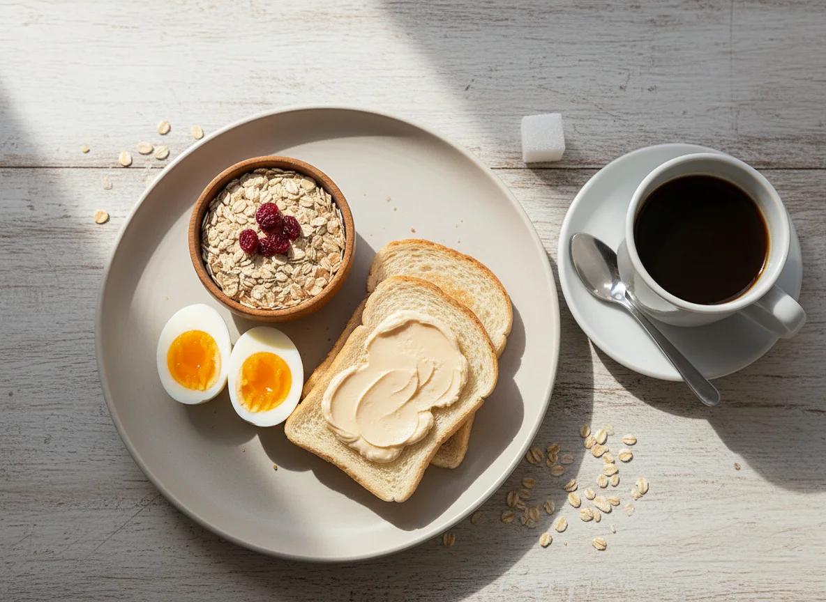 Café da manhã com ovos, pão, aveia e café photo