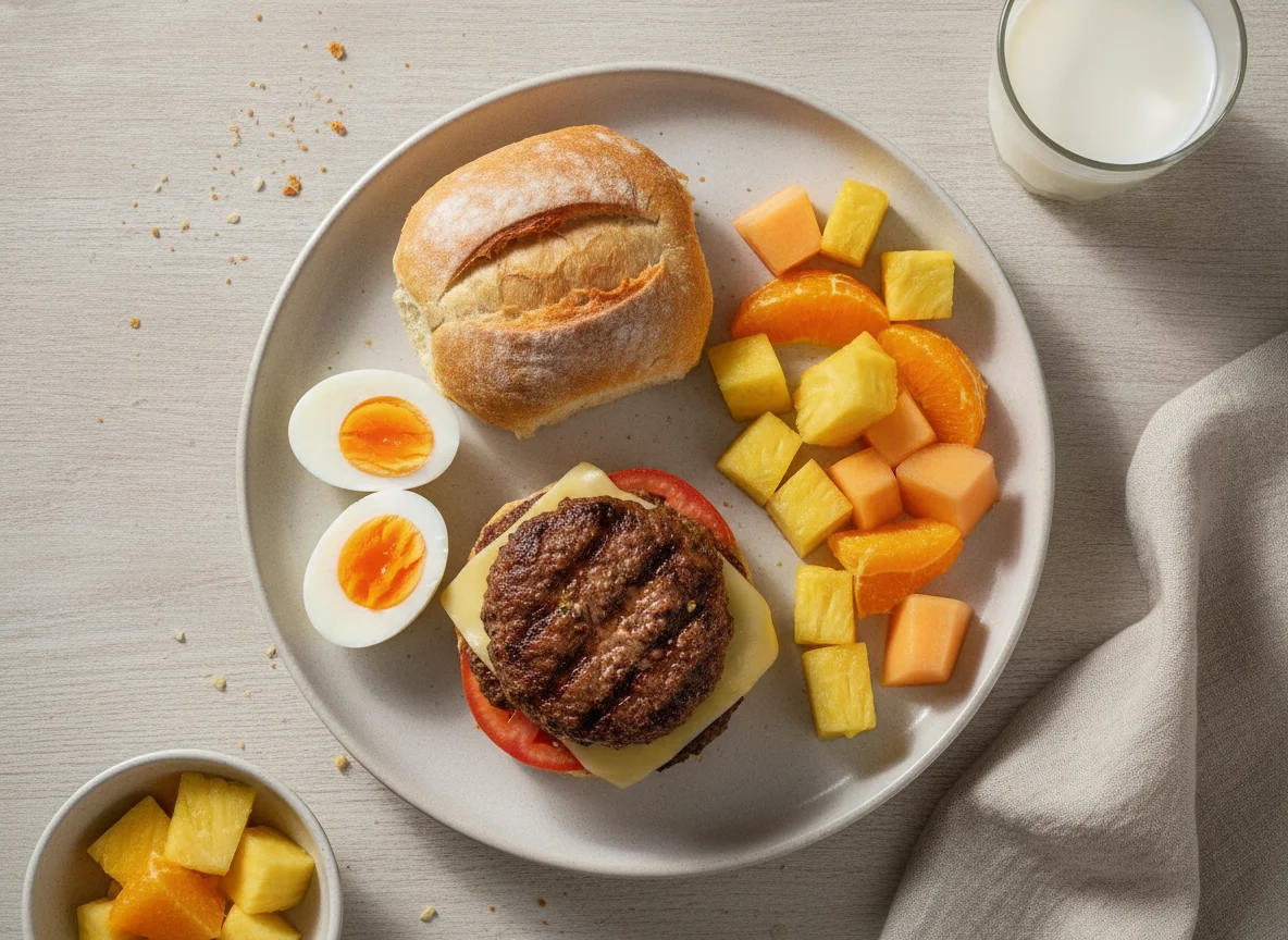 Café da manhã com ovos, pão com hambúrguer, frutas e leite photo