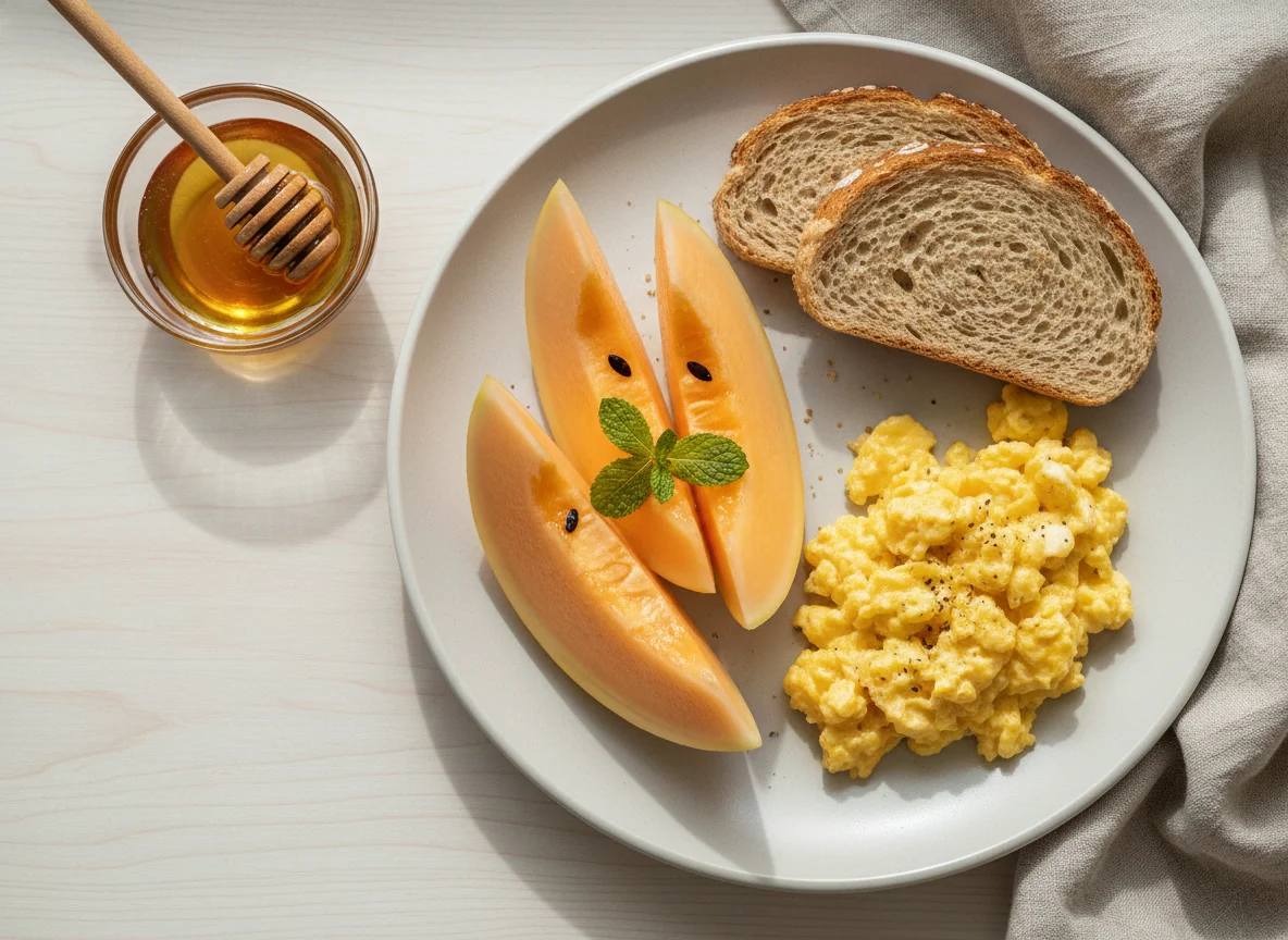 Café da manhã com ovos, pão e melão photo