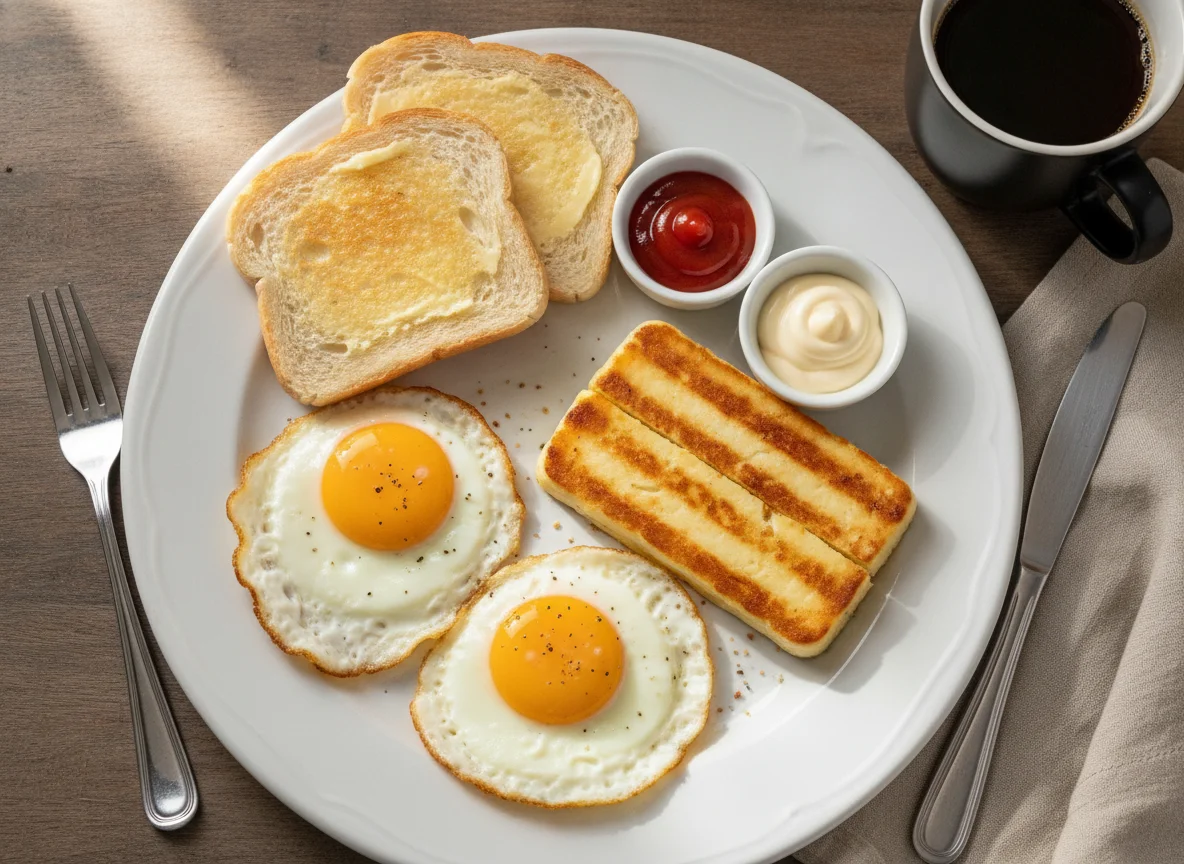 Café da manhã com ovos, pão e queijo coalho photo