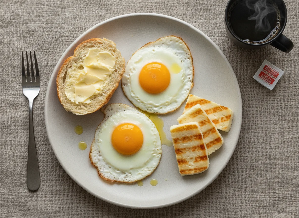 Café da manhã com ovos, pão francês e queijo coalho photo