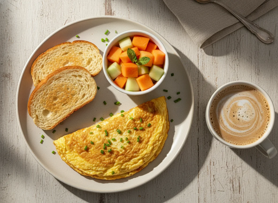 Café da manhã com ovos, pão, frutas e bebida quente photo