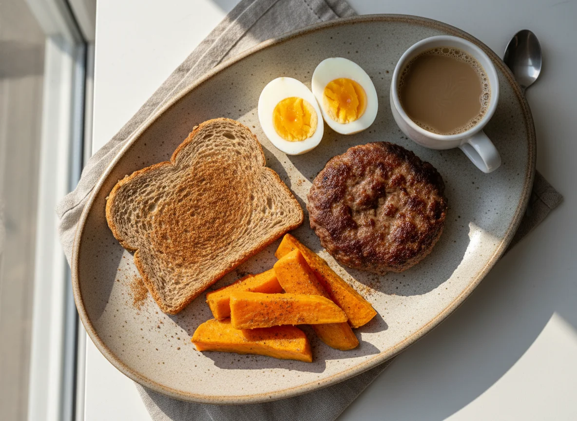 Café da manhã com ovos, pão, hambúrguer e batata doce photo