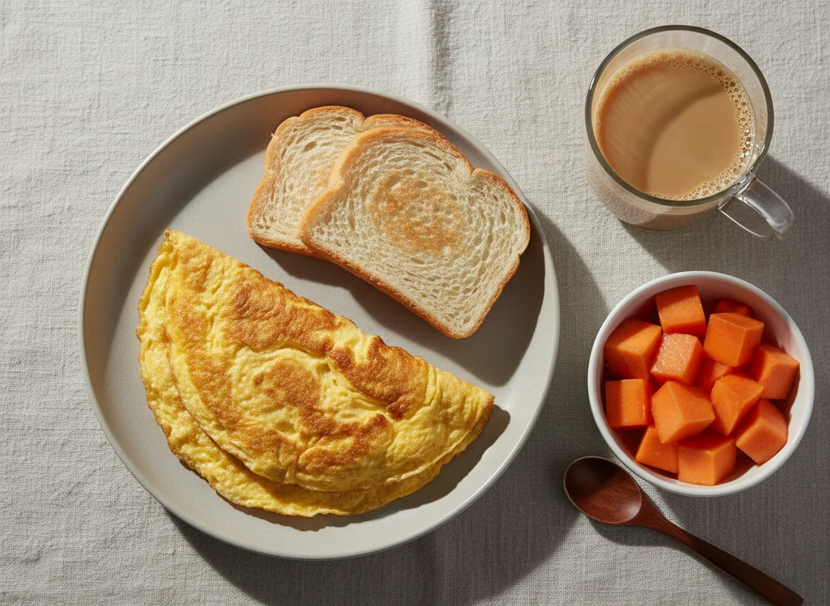 Café da manhã com ovos, pão, mamão e café com leite photo