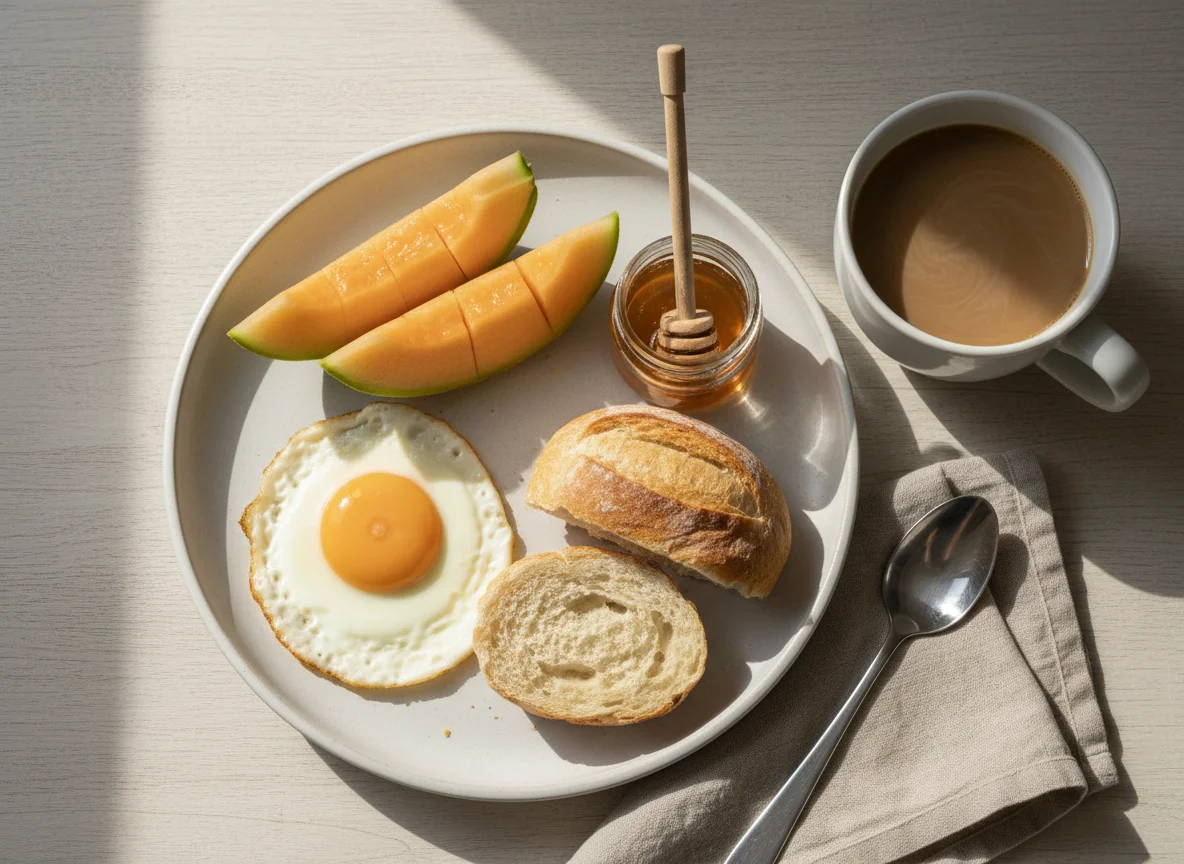 Café da manhã com ovos, pão, melão e café com leite photo