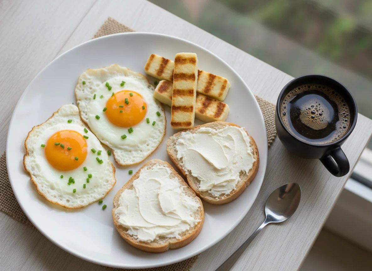 Café da manhã com ovos, queijo coalho e pão com requeijão photo