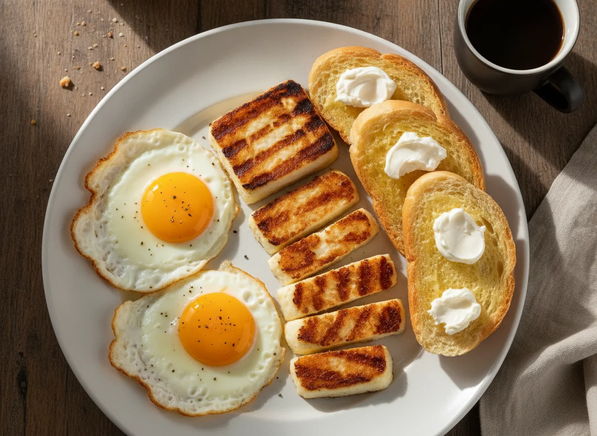 Café da manhã com ovos, queijo coalho e torrada photo